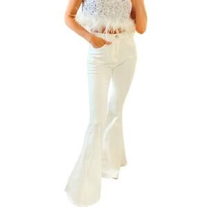 Wisteria Lane White Flared Bell Leg Raw Hem Denim Pants Mid Rise Retro Size M